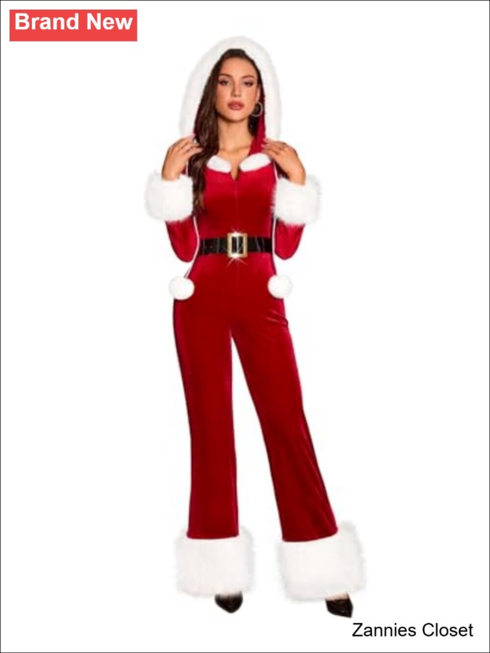 ✨ Christmas Velvet Santa Jumpsuit Faux Fur Trim Hooded Belted Holiday Outfit